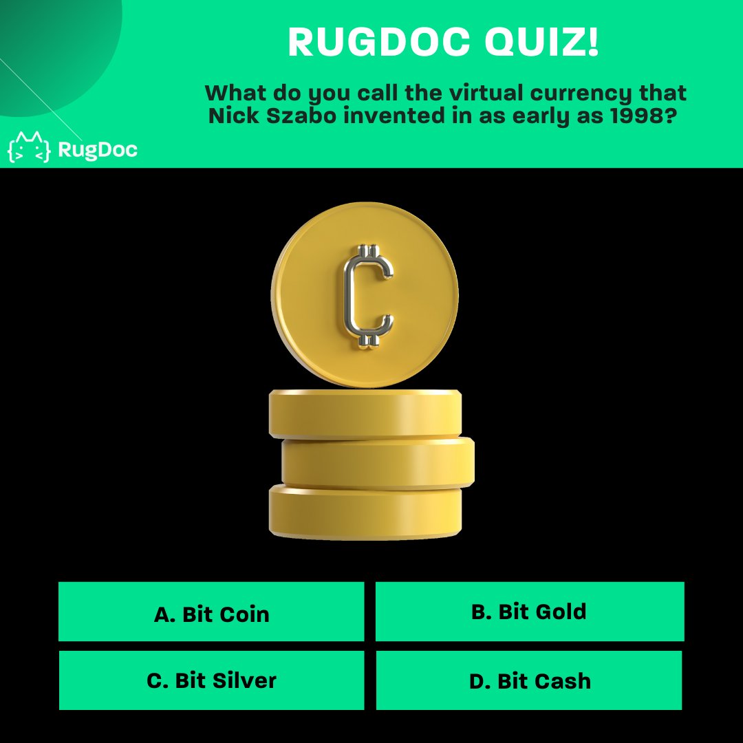 RugDocIO's tweet photo. Saturday is Quiz day! Are you ready to look back on some #smartcontract history? Well, test your knowledge by answering this question:

What do you call the virtual currency that Nick Szabo invented in as early as 1998?

Comment down your answer!

#rugdoc #defi #quiz https://t.co/OcYhgDfeVj