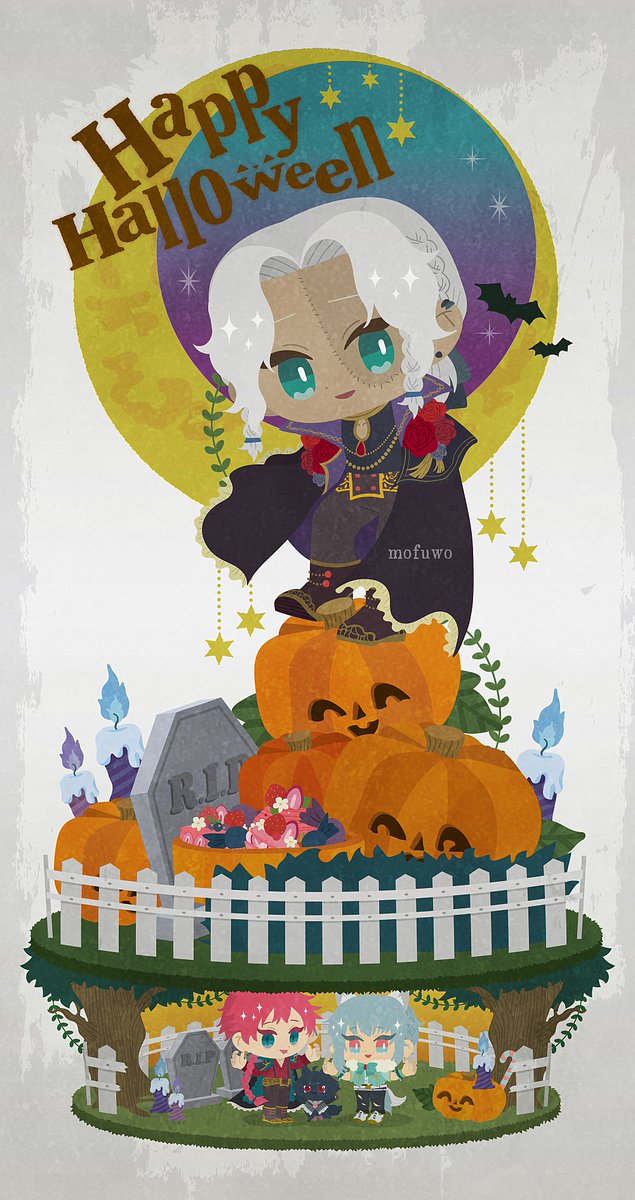 chibi jack-o'-lantern tombstone halloween multiple boys smile white hair  illustration images