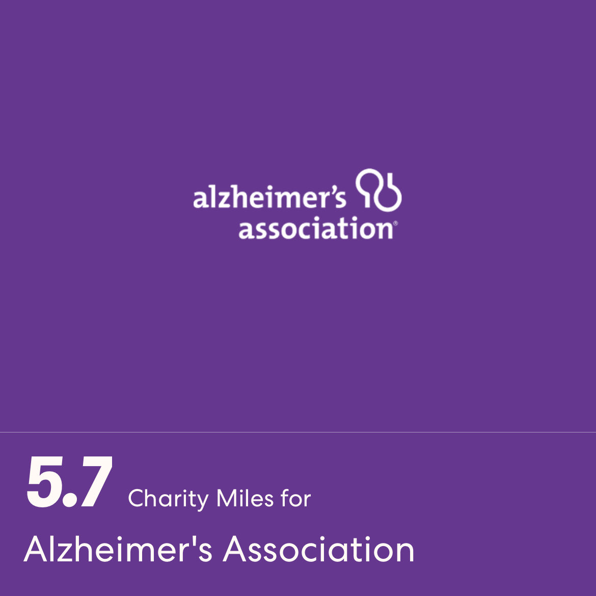 5.7 Charity Miles for Alzheimer's Association. I’d be grateful for your support. If you’re in a position to do so, please click here to sponsor me. miles.app.link/e/xyrYBy0U3tb