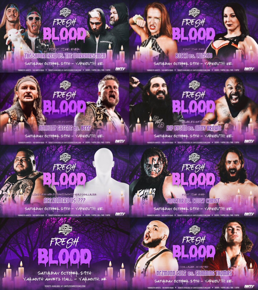 #FreshBlood is 1 WEEK AWAY‼️ One of the final Limitless Wrestling events of 2022! Saturday, Oct 29th • Yarmouth, ME 📺 Streaming LIVE on @indiewrestling! • @LuFisto v. @b3cca4ever • @RipFNByson v. @UpAndyBrown • @alternative_ag v. @GNARLSGARVIN 🎟 LimitlessWrestling.com/tickets