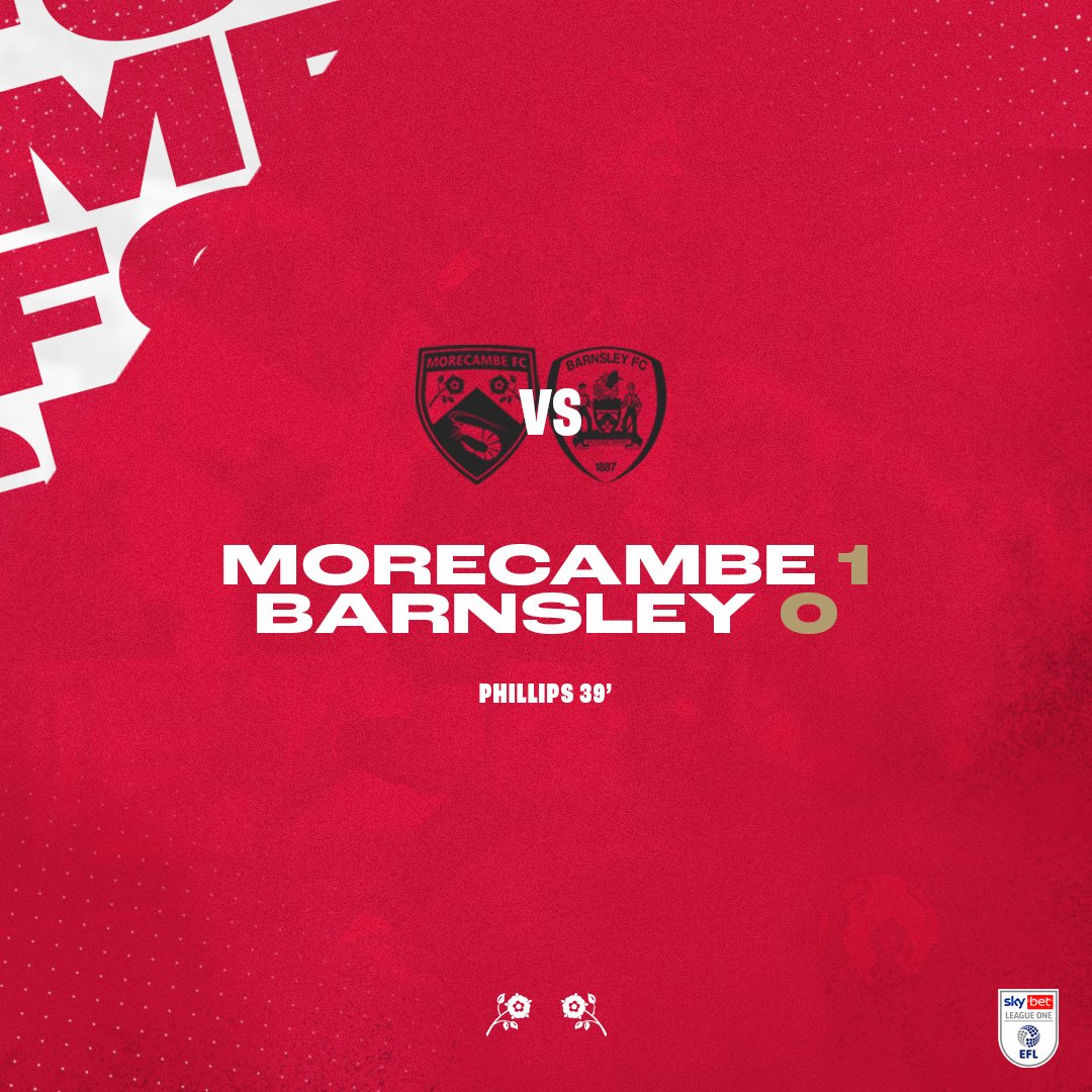 MorecambeFC's tweet photo. HALF-TIME: Kieran Phillips' fourth of the season is the difference at the break.

#UTS 🦐 | #MORvBAR https://t.co/1nYVoWZ0Vc