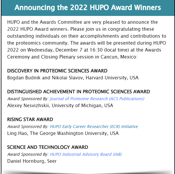 riley_nm1's tweet photo. It is always fun to see deserving people get recognized for their achievements.

Congrats to Bogdan and @slavov_n, @nesvilab, @HaoLab_GWU, and Daniel (cc: @seer_bio) on your 2022 @hupo_org Awards!

Looking forward to celebrating you in December at #HUPO2022 https://t.co/Dc0IBFA2pl