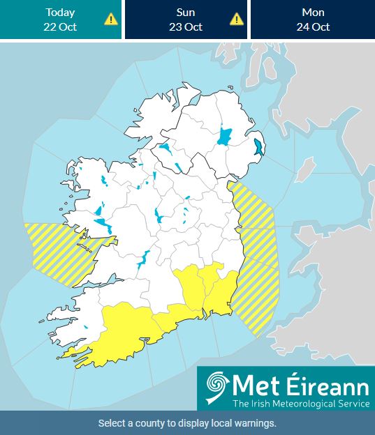 MetEireann's tweet photo. Yellow Thunderstorm Warning issued ⚠️

Bands of heavy showers and thunderstorms expected Saturday night into Sunday, leading to spot flooding and hazardous driving conditions.

Affected areas: Carlow, Kilkenny, Wexford, Cork, Waterford

Expected onset: 2200 on Saturday https://t.co/oTFduNOmPN