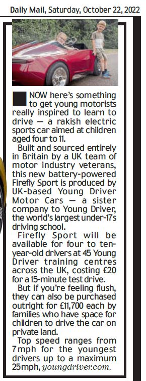 raymasseytweets's tweet photo. Young guns go for it! Rakish £11k #electric sports car aimed at children aged 4 to 11 - for lessons or to buy.
Read me @DailyMailUK @MailOnline #FireflySport #EV #DrivingLessons @youngdriver #YDMC @micknall128 #RoadSafety #LearnerDrivers
https://t.co/yzkkzNVVLx via
@ThisIsMoney https://t.co/ETdfdWX6iP