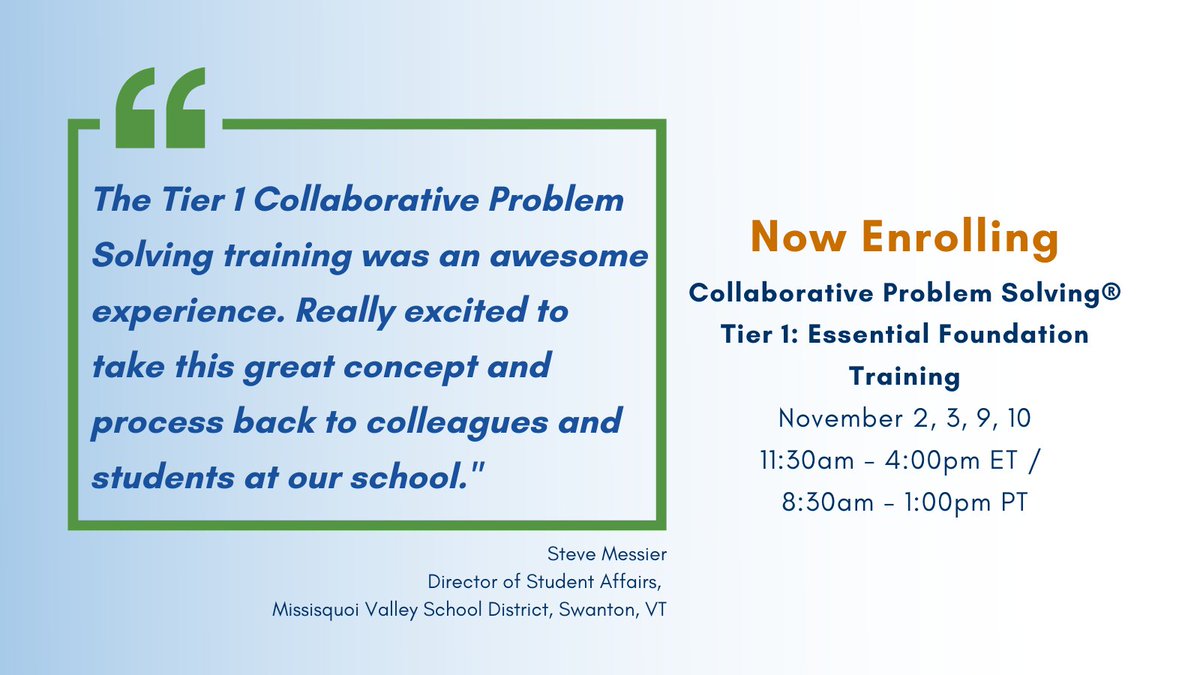ThinkKids's tweet photo. #Educators, learn a trauma-informed, evidence-based alternative to managing #behavior in children. Join our #CollaborativeProblemSolving online training & learn how the #CPSApproach works! https://t.co/S9haUNR0GT
π
Nov. 2, 3, 9, 10: 11:30a-4:00p ET/8:30a-1:00p PT #CEUCredits https://t.co/PFAe846tDD