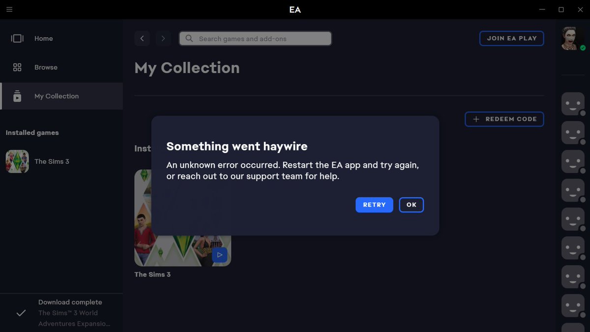 LadyRavendancer's tweet photo. Switched to EA App from Origin...none of the #sims3  
 store content or cc that you have to install through launcher was showing in game. Tried to reinstall game. Now it is refusing to install. I'm so frustrated!!! @EA https://t.co/evbBS9SnWk