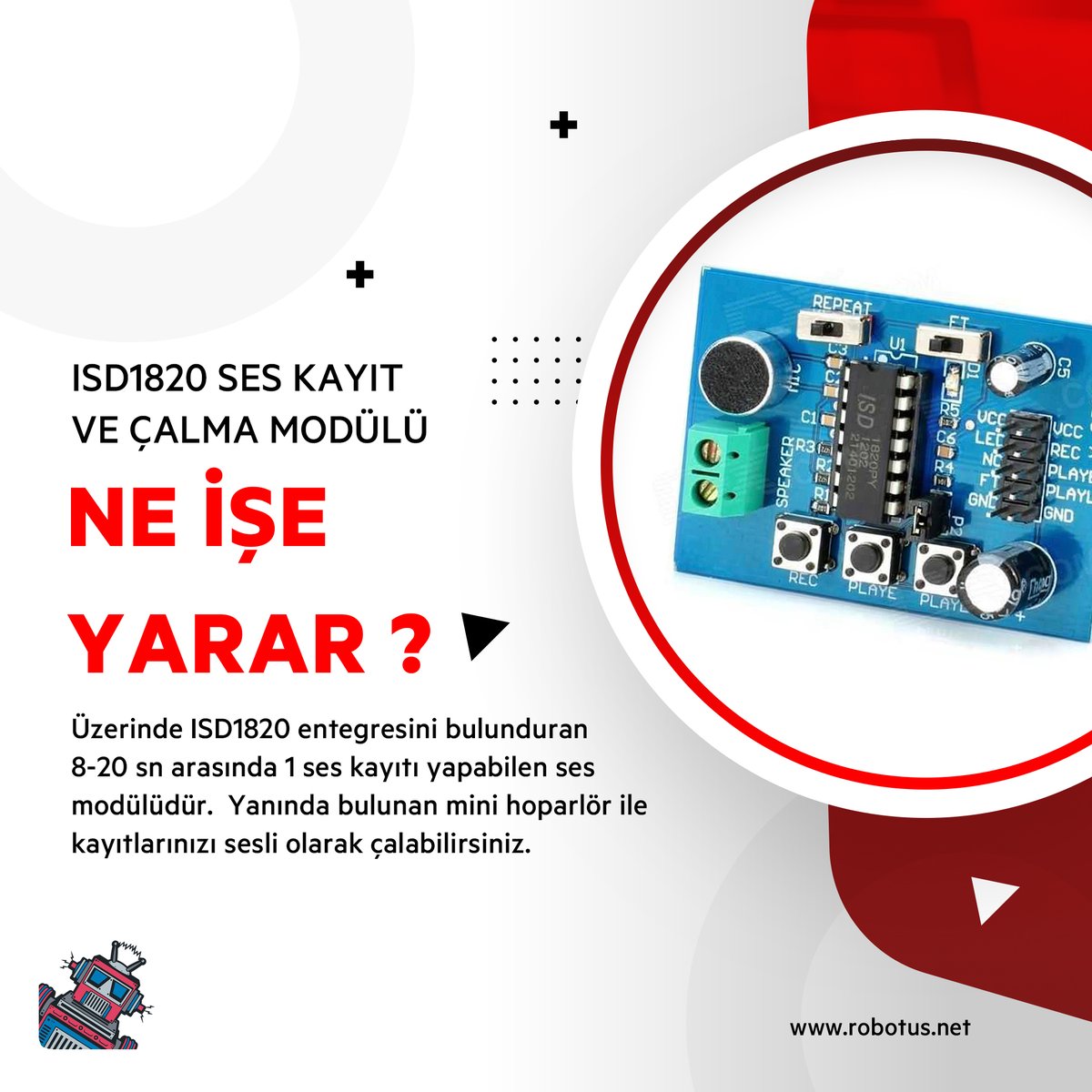 robotus_net's tweet photo. 🎙️Herhangi bir kontrol kartına ihtiyaç duymadan doğal kayıtlar yapabileceğiniz ISD1820 Ses Kayıt ve Çalma Modulü, yanında 0,5W 8 Ohm'luk hoparlör ile birlikte gelir. 🔊
İncelemek için ▶️https://t.co/mEF83NZkC9

#seskayit #seskayitdevresi #isd1820 #isd1820devresi #arduinoproje https://t.co/Wpirlb7jdq