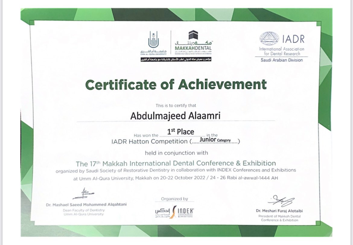 KKU_Dental's tweet image. تبارك الكلية الطلاب والطالبات الحائزين على المركز الأول في IADR Hatton Competition-Junior category  في مؤتمر ومعرض مكة الدولي السابع عشر لطب الأسنان. سائلين الله لهم التوفيق والسداد #جامعة_الملك_خالد #مؤتمر_ومعرض_مكة_الدولي @mediakku @kkueduksa