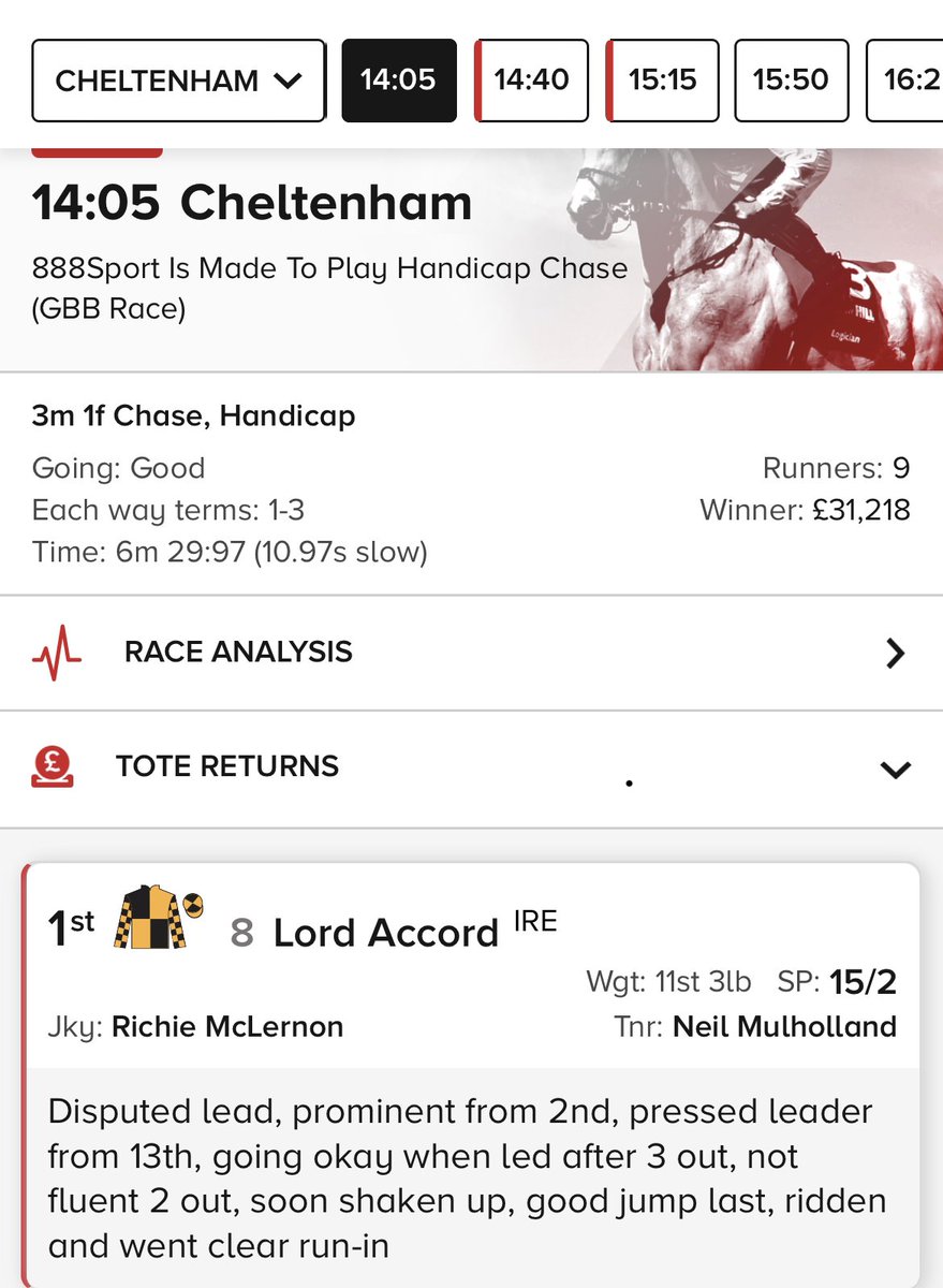 MeadowviewStab's tweet photo. Lord Accord impressive winner @CheltenhamRaces today for @Neil_Mulholland and Lynne &amp; Angus Maclennan #sellingsuccess https://t.co/8OSMrwGovu