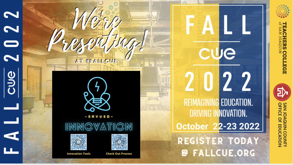 Looking forward to presenting today with some SRVUSD colleagues at the Fall @cueinc conference! Come see us for Destination Innovation: A Team Challenge to Experience Innovation in Action at 2:30 pm in Naglee room #127 - Explore resources at bit.ly/innovatewithsr…