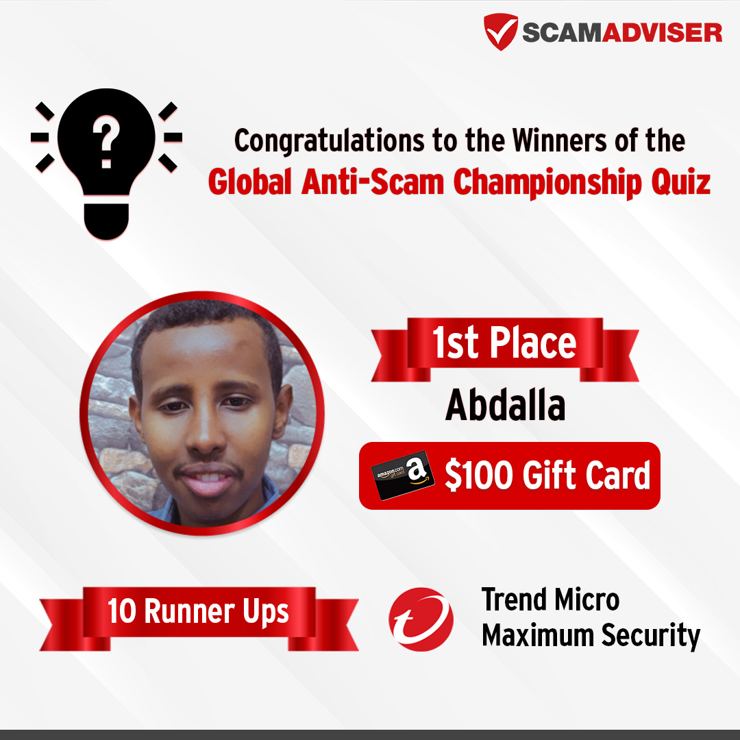 scamadviser's tweet photo. Congratulations to Abdalla for acing the Global Anti-Scam Championship Quiz! 10 runner-ups also received free subscriptions to @TrendMicroHome Maximum Security.
#ScamAdviserTips #Quiz #GlobalAntiScamChampionship #Scamfighter #Scamfighting #OnlineScam #Scam https://t.co/Pdcmm49lcA