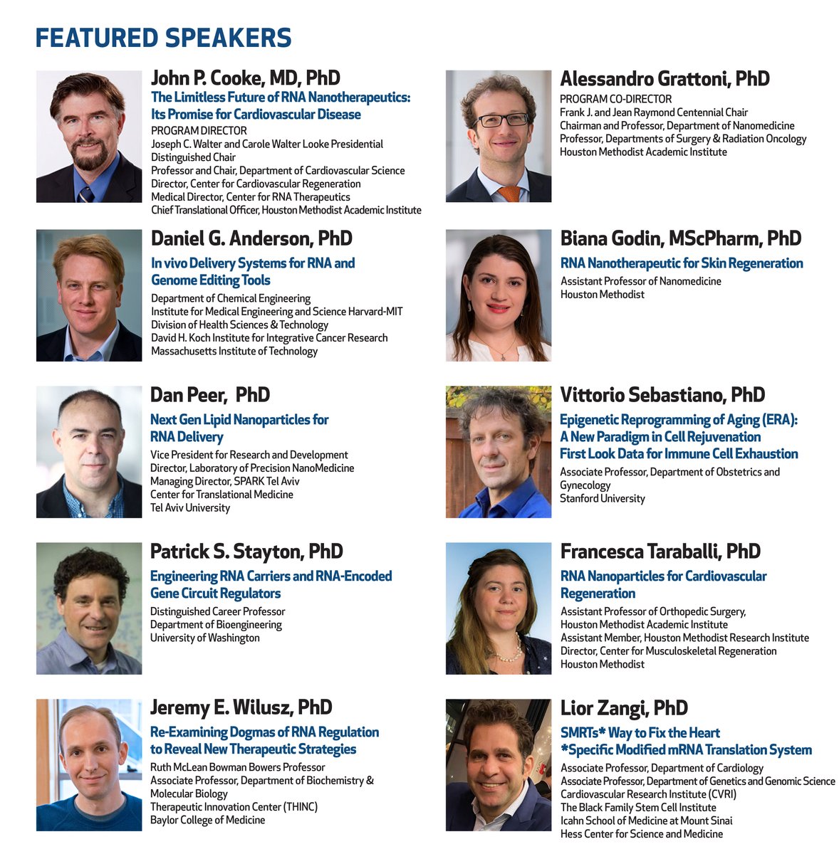 Meet our featured guests at “The New Frontier of RNA Nanotherapeutics' on Oct.24. Speakers will discuss RNA vaccine breakthroughs and preview emerging RNA nanotherapeutics. @TaraballiPhD @JeremyWilusz @peer_lab @GrattoniLab #Kostas2022 Event Registration: bit.ly/3g3feF5