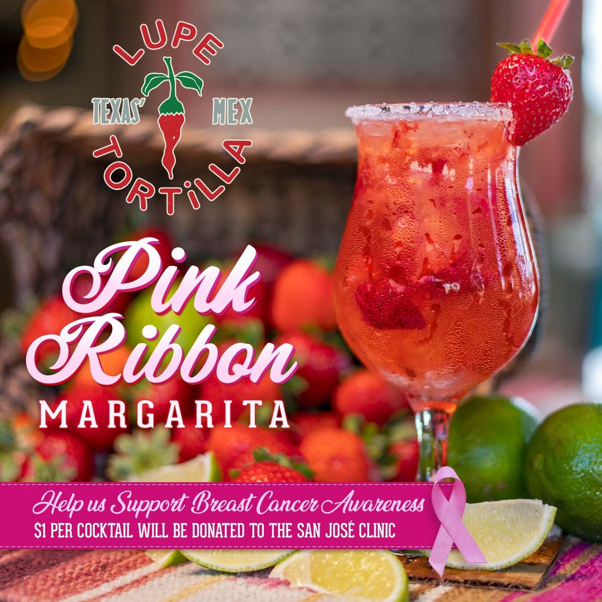 Avion Blanco Strawberry Fresa Margaritas for a cause! Join Lupe in supporting the San José Clinic in a search for the cure. $1 of every Fresa Margarita sold will be donated to the cause. Enjoy them today!  #avión #lupetortilla #margarita #sanjoseclinic tex-mex.com
