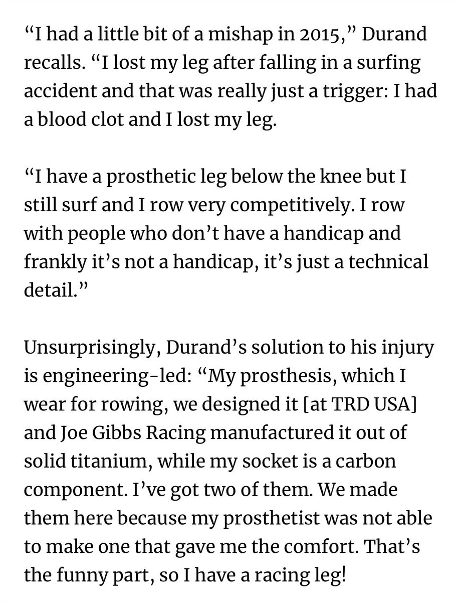 Durand is a fascinating person that has worked in all kinds of racing but the most interesting story is how he and his colleagues designed his prosthetic leg at @ToyotaRacing and had it built at @JoeGibbsRacing so that he could still row competitively. pressreader.com/uk/autosport-u…