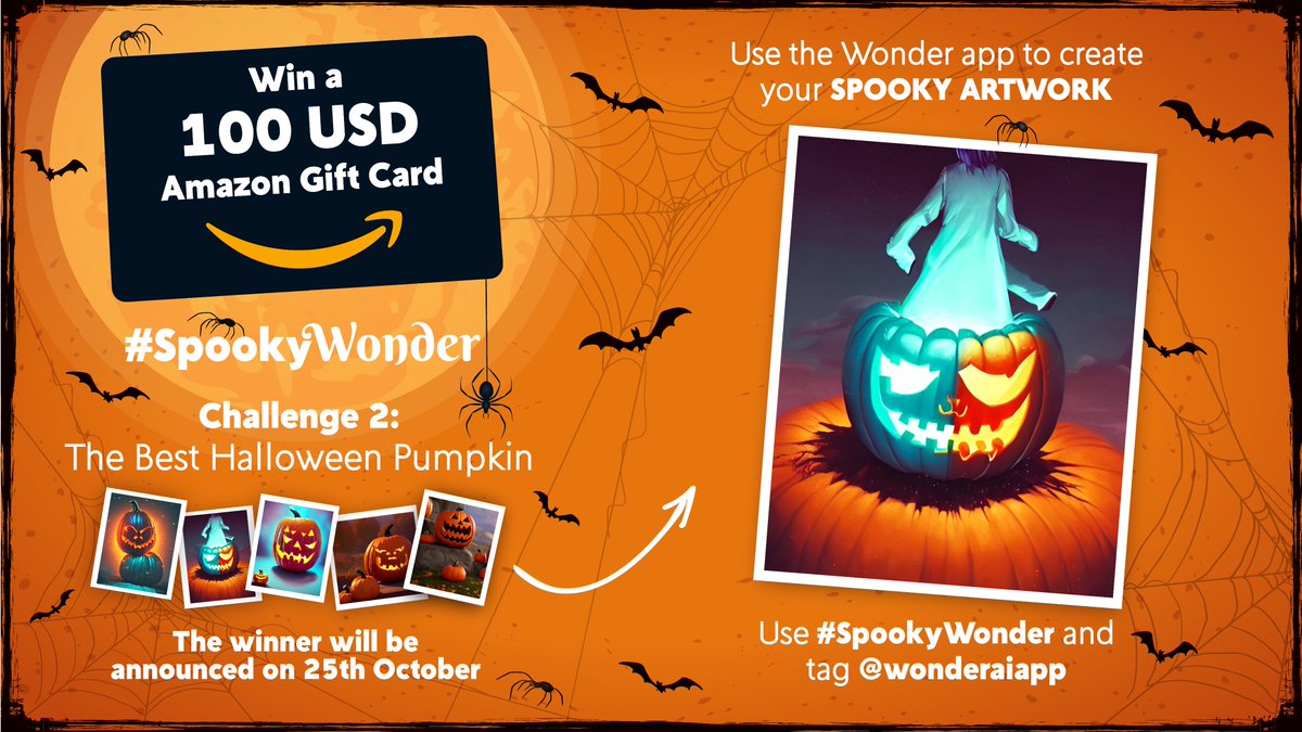 WonderAIapp's tweet image. let’s slide into the second #SpookyChallenge! to have a chance to win a 100 USD amazon gift card, show us your best HALLOWEEN PUMPKIN artworks 🎃