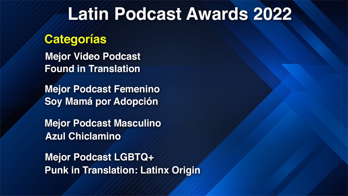Les presentamos los ganadores de los Latin Podcast Awards 2022 en la categorías de Mejor Video Podcast, Mejor Podcast Femenino, Mejor Podcast Masculino, Mejor podcast LGBTQ+ ¡Felicidades! <a href="/FIT_TalkShow/">Found In Translation Talk Show</a> @Soymamáporadopción <a href="/azulchiclamino/">Xavi Peña</a> @PunkinTranslation latinpodcastawards.com
