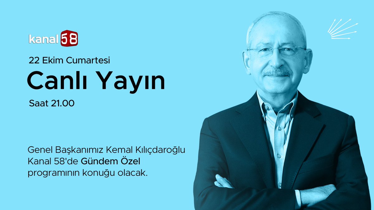 Genel Başkanımız Kemal Kılıçdaroğlu bu akşam saat 21.00’de Kanal 58 canlı yayınına konuk olacak, gündeme ilişkin değerlendirmelerde bulunacak. Canlı yayını sosyal medya hesaplarımızdan izleyebilirsiniz.