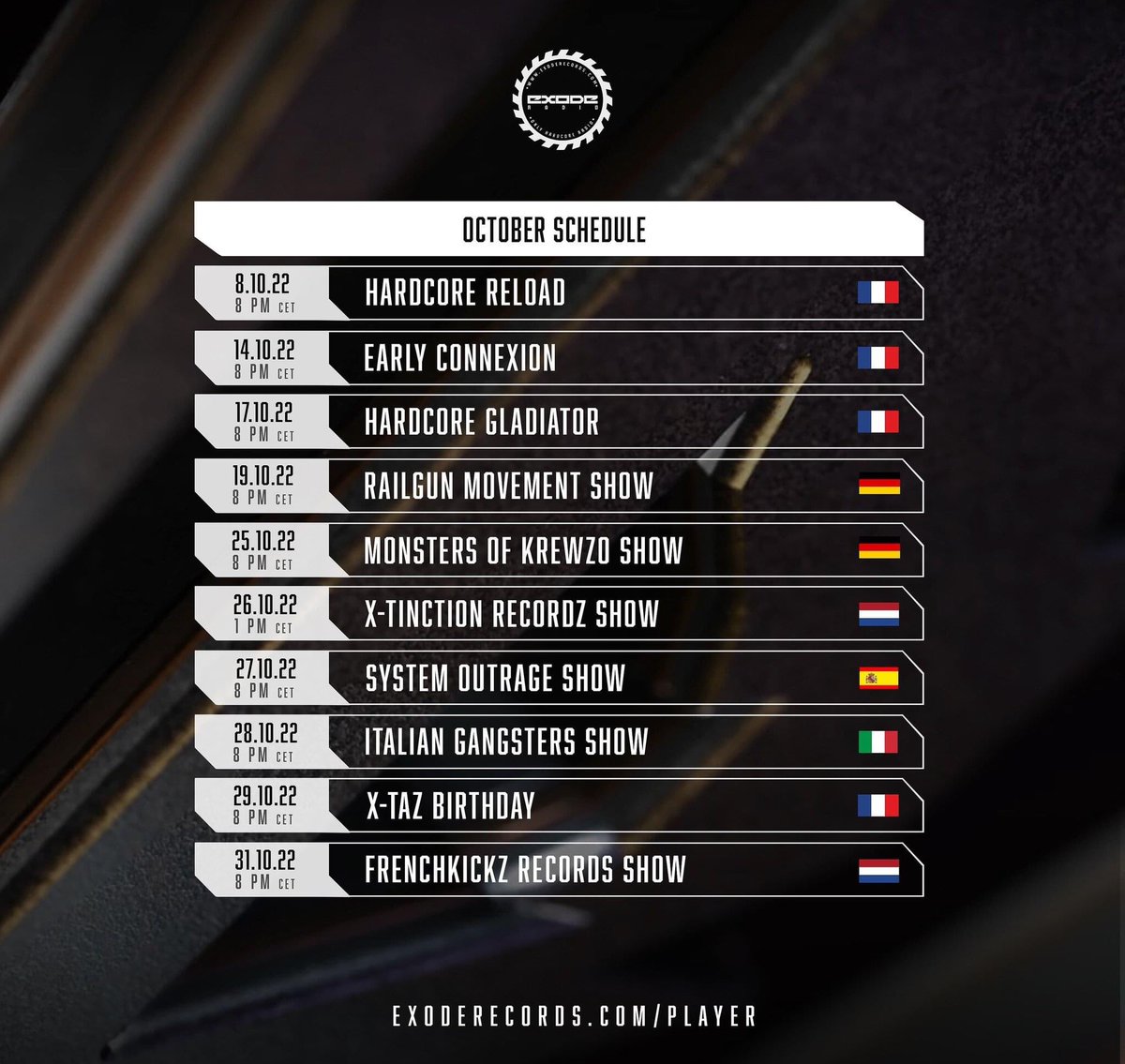 BraunSepp's tweet photo. October schedule on Exode Records Radio featuring Italian Gangsters 🇮🇹

Web Player:
https://t.co/KXqBOlnLOi

#exoderecords #exoderecordsradio  #italian #gangster #italiangangsters #heavymentalkingzz #HMK #febo #unscarred #hardcoreworldwide #phonk #rave #djing #dj #live #mix https://t.co/RZS12psmJz