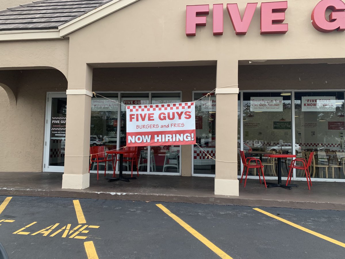 This sums up the continued strength of the labor market. “Five Guys” is hiring.  I guess that means they now need SIX guys.