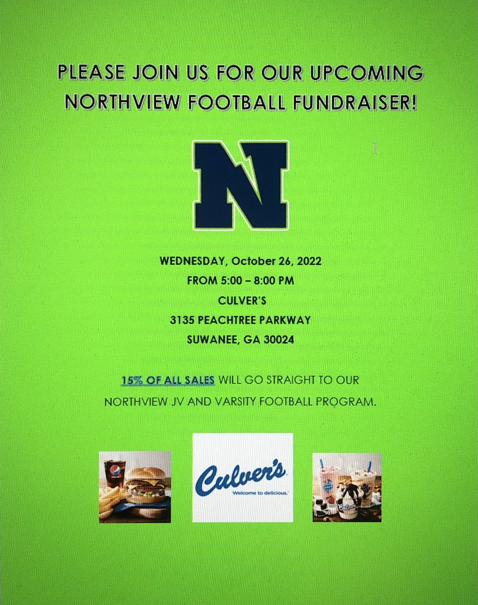 Save the date! Take a break from cooking on Wednesday, and come have dinner with us! You can enjoy a great meal and support our JV and Varsity Northview Football Team! 🏈 <a href="/CoachOBuck/">Rick O'Buck</a> @CoachSAS <a href="/NorthviewHSFB/">Northview Football</a> <a href="/NorthviewTitans/">Northview High School</a> <a href="/CoachYoung53/">Danny Young</a> <a href="/Coach_Pickett4/">Nafis Pickett</a> @