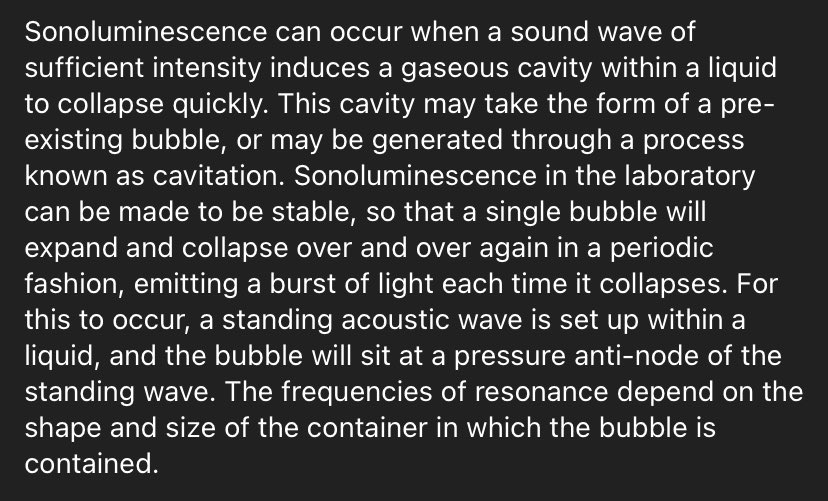 Sonoluminescence, the reality of what a star in the heavens would be… a collapsed water bubble in a jar burning at tens of thousands of degrees giving the appearance of a star from the heavens. youtu.be/O9B3vzsZsr4