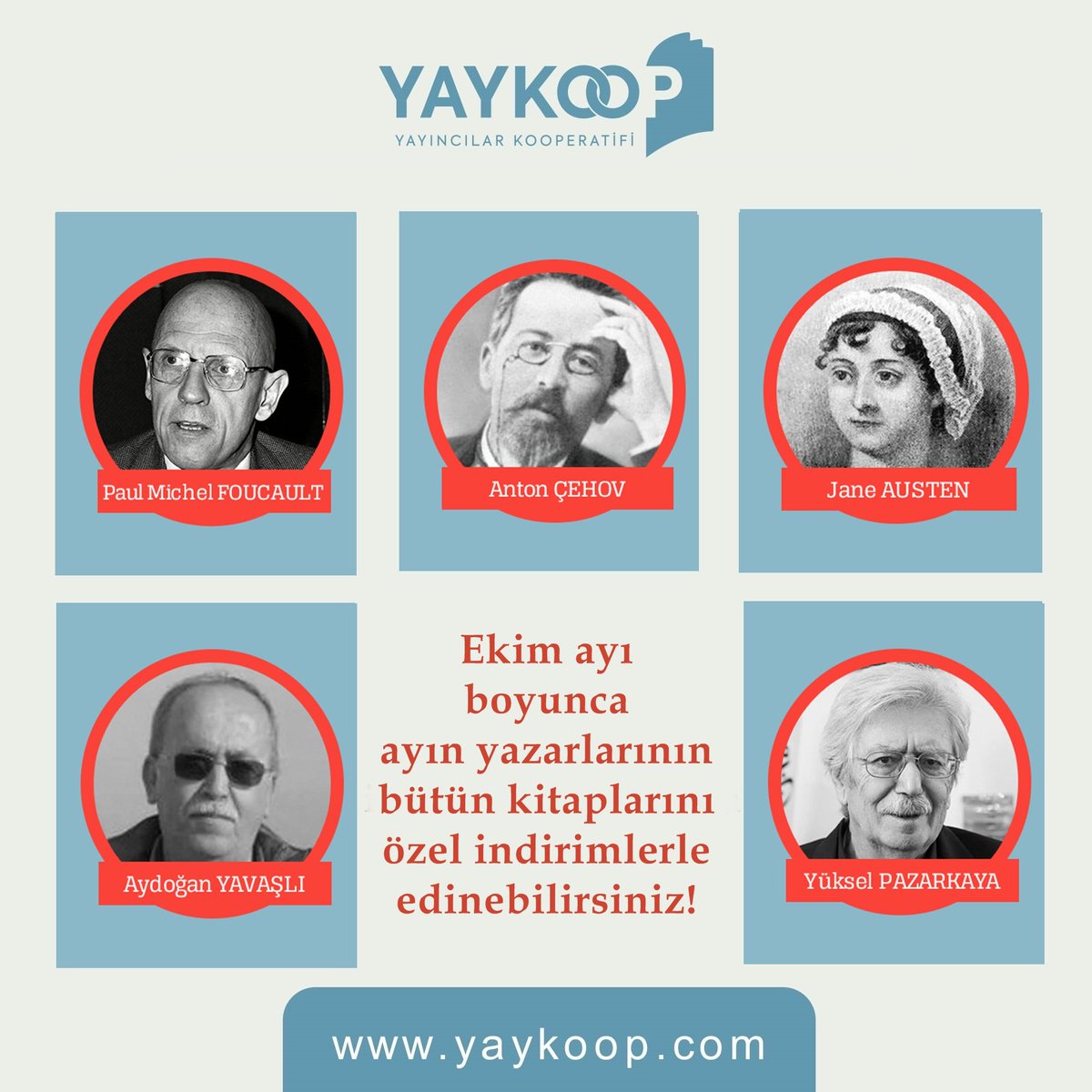 Ekim ayı boyunca ayın yazarlarının bütün kitaplarını yaykoop.com'dan özel indirimlerle edinebilirsiniz. @ayrintiyayinevi @BulutYay98 @CemYayinevi @NesinYayinevi @DergiSozcukler @yaryayinlari @YordamEdebiyat @Telgrafhane_ @DipnotY @NotaBeneY @ithakiyayinlari