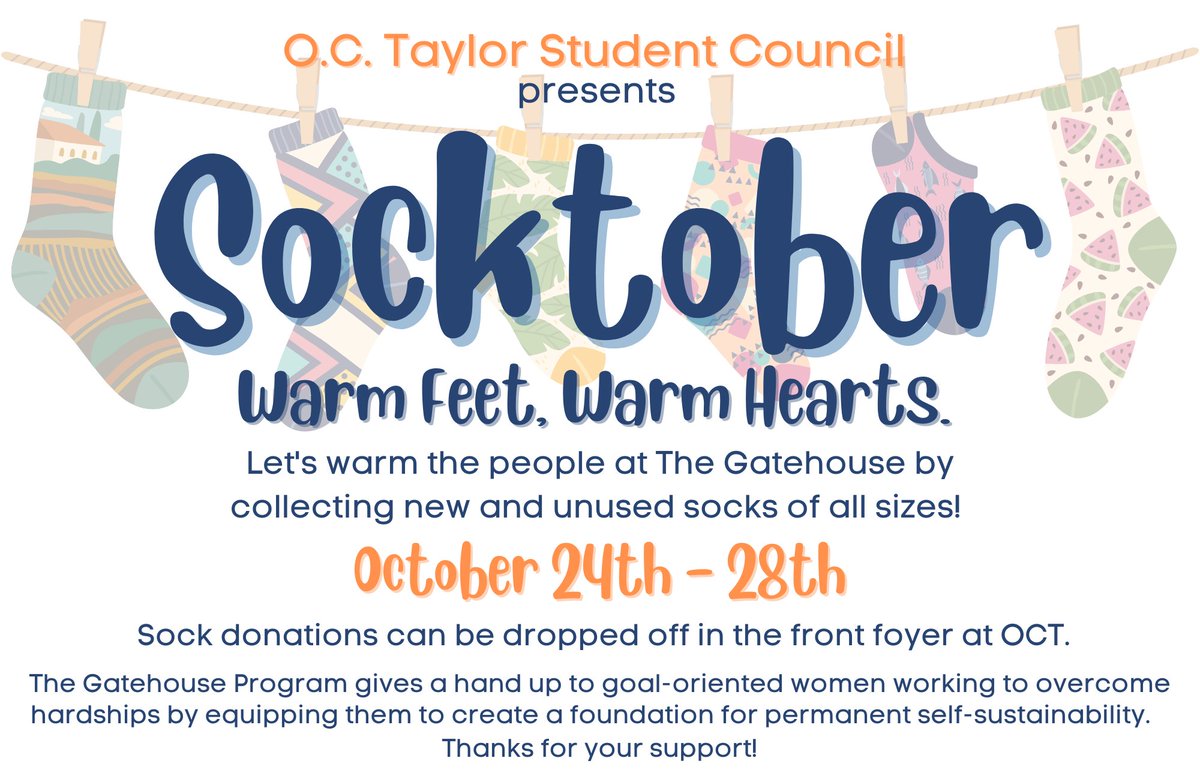 octaylorpta's tweet photo. O.C. Taylor Student Council presents Socktober!
Next week, bring in your new and unused sock donations of all sizes to help our Student Council donate to The Gatehouse. These can be dropped off in the front foyer of OCT.
Thank you for your help is supporting our community!! https://t.co/hb6uyaLuEF