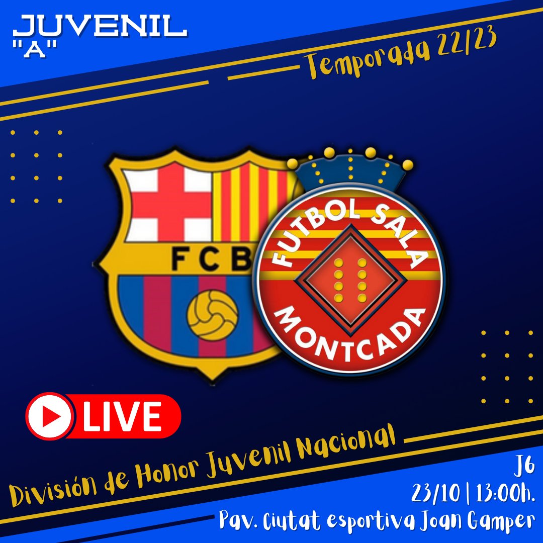 Partidazo que enfrentará a uno de los equipos aspirantes al título y nuestro Juvenil Nacional.

⚽<a href="/FCBfutbolsala/">Barça Futbol Sala</a> - <a href="/fsmontcada/">CFS Montcada</a>
📆23/10/22
🕚13h
🏟️Pav. Ciutat esportiva Joan Gamper
📍Av/ del Sol, s/n (Sant Joan Despí)
📺<a href="/FUTSALMAFERTV/">FUTSALMAFER TV</a>

Ánimo chicos! Demostrad lo que valéis!😉💪🏼