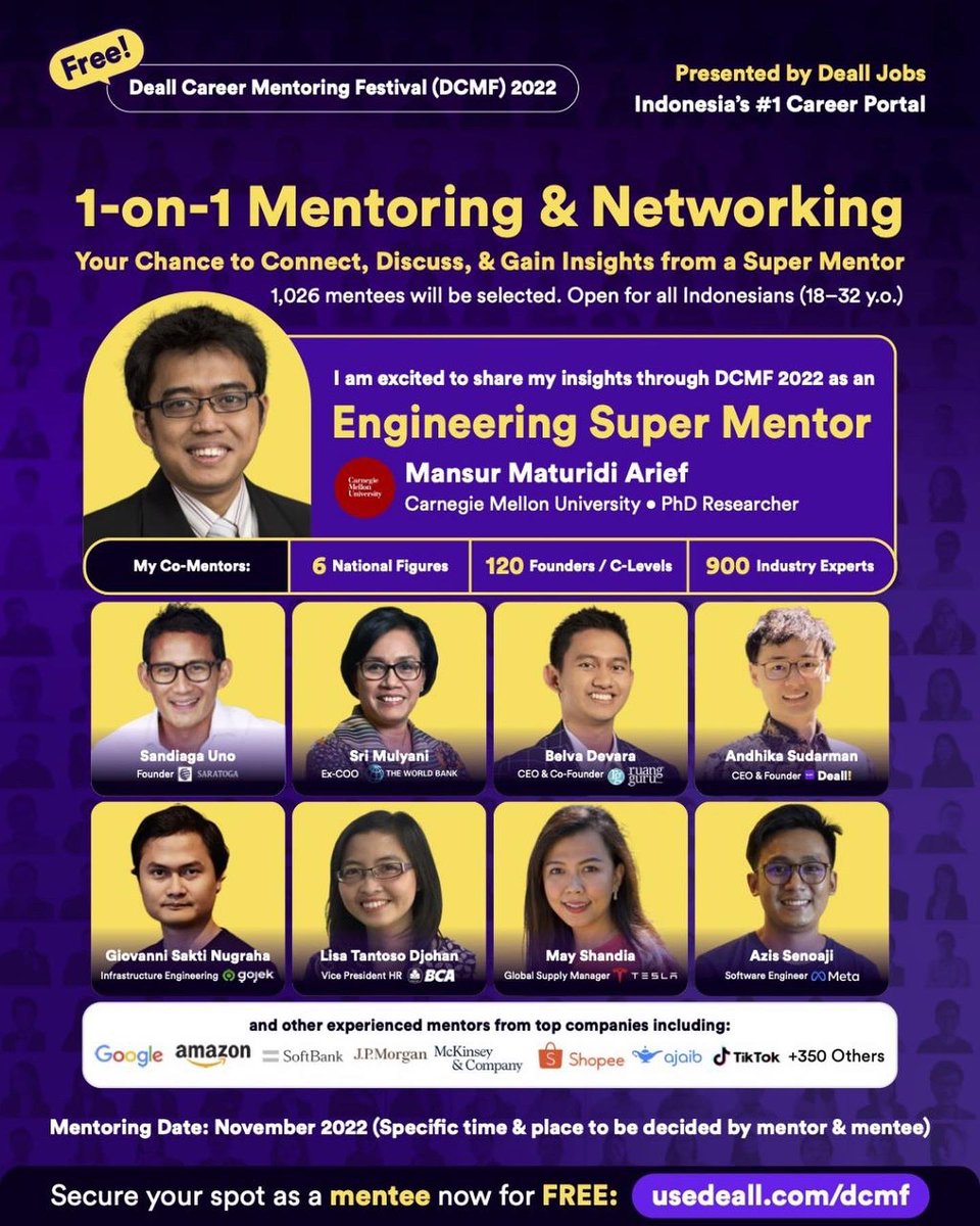 Happy to share that I'll be joining Indonesian Deall Career Mentoring Festival (DCMF) 2022 as a Mentor. DCMF organizes 1-on-1 mentoring with 6 National Figures, 120+ Founders &amp; C-Levels, and 900+ great folks to connect with you. Register NOW for FREE ➡ usedeall.com/dcmf22