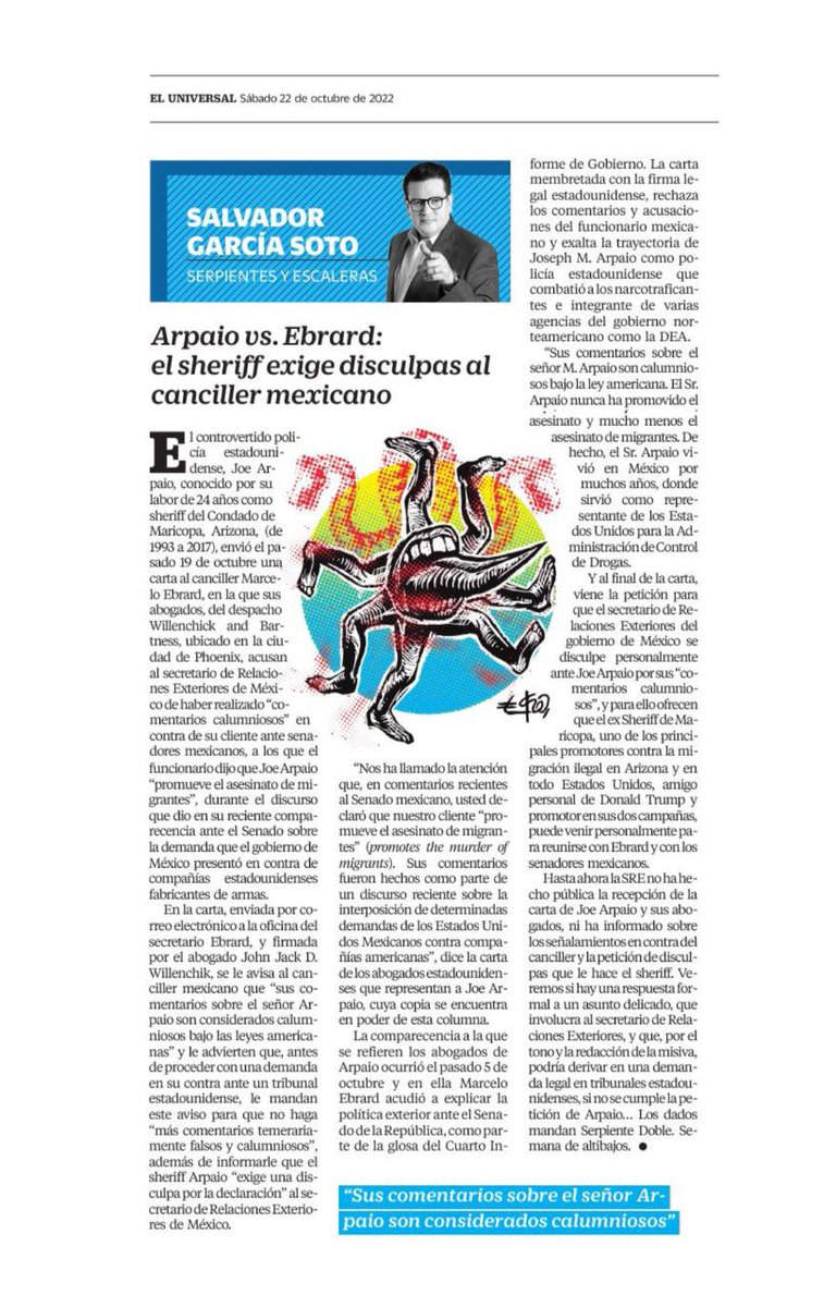 SerpienYEscaler's tweet photo. #Arpaio vs. #Ebrard: el #sheriff exige disculpas al #canciller #mexicano
Columna de @SGarciaSoto en @Univ_Opinion
@RealSheriffJoe #USA #ControlDeDrogas #Arizona
@m_ebrard @SRE_mx
@senadomexicano
https://t.co/fI1xRr7YGg vía @El_Universal_Mx https://t.co/OsnMMeba61