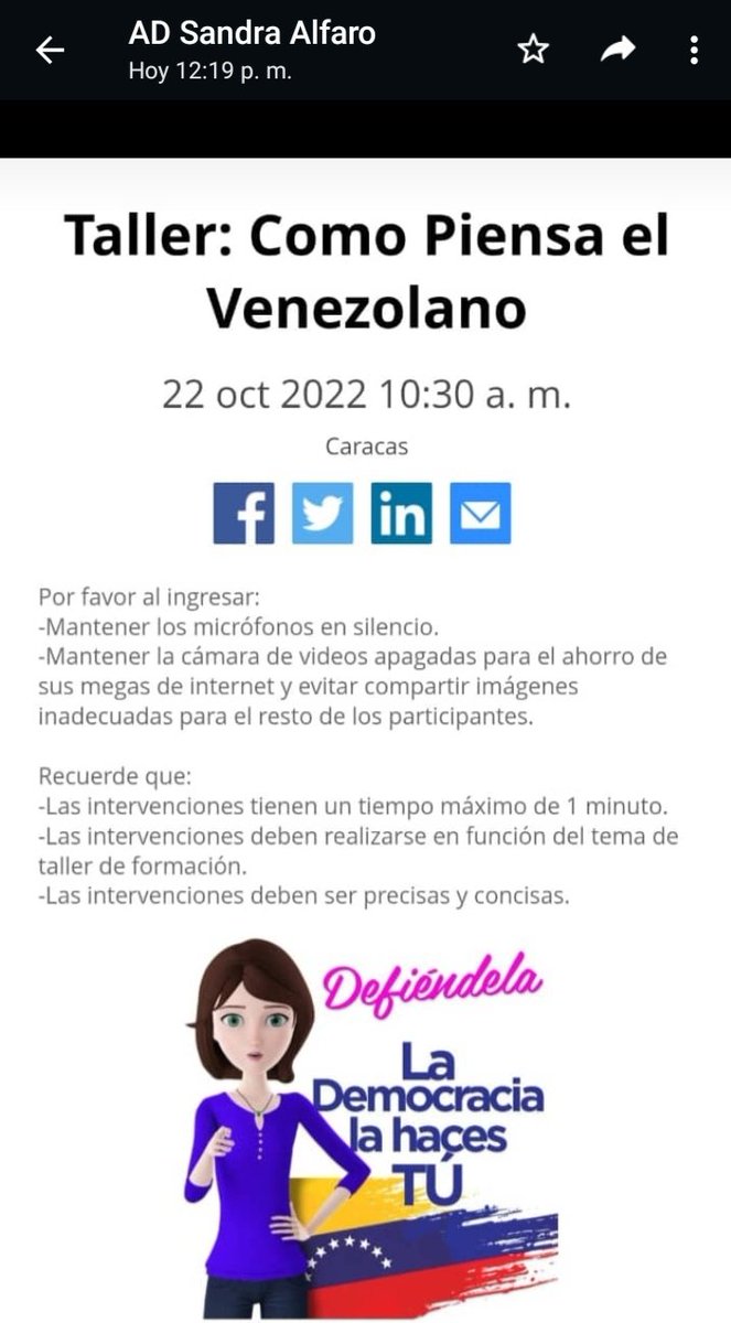 sandraalfaro's tweet photo. #22Oct22 Hoy participamos en el taller, vía on line, COMO PIENSA EL VENEZOLANO, organizando por Defensores de la Democracia.
#UnidosXVenezuela
#TrabajandoParaGanar
@ADemocratica
@organizacionAD
@prospericarlos
@hramosallup https://t.co/NXOv0POuy6