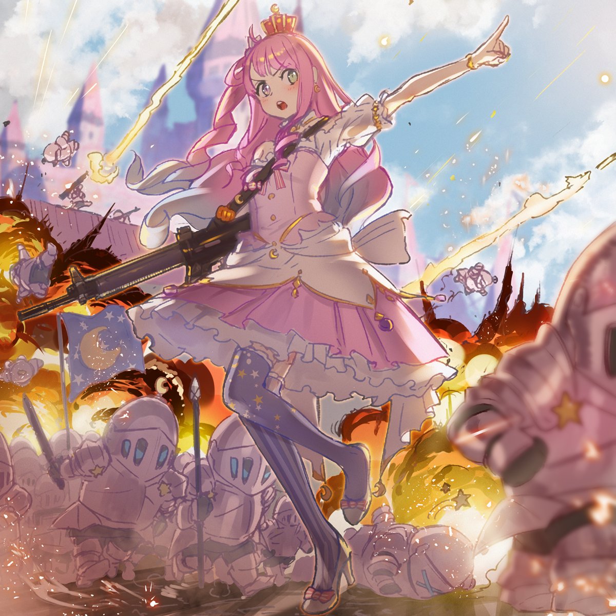 himemori luna weapon 1girl crown pink hair gun explosion green eyes  illustration images