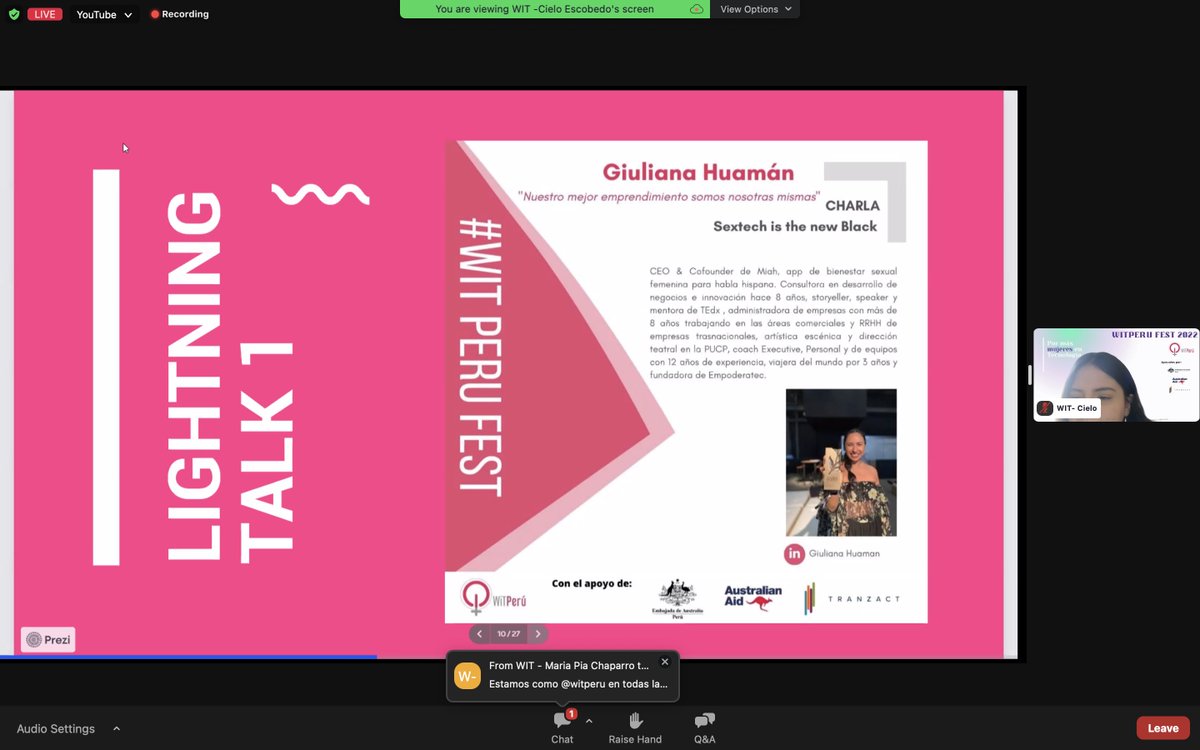 julicastilloana's tweet photo. Hoy es el #witperufest 🇵🇪

El WITPERUFEST 2022 se celebra con la comunidad de mujeres @witperu que fomentan #WomenInTech, se esta celebrando sus 10 años compartiendo tecnología con toda #LATAM 

Que gusto es ver y escuchar a @carotechie en representación de #STEM y #witonline https://t.co/6lAcK01XJZ