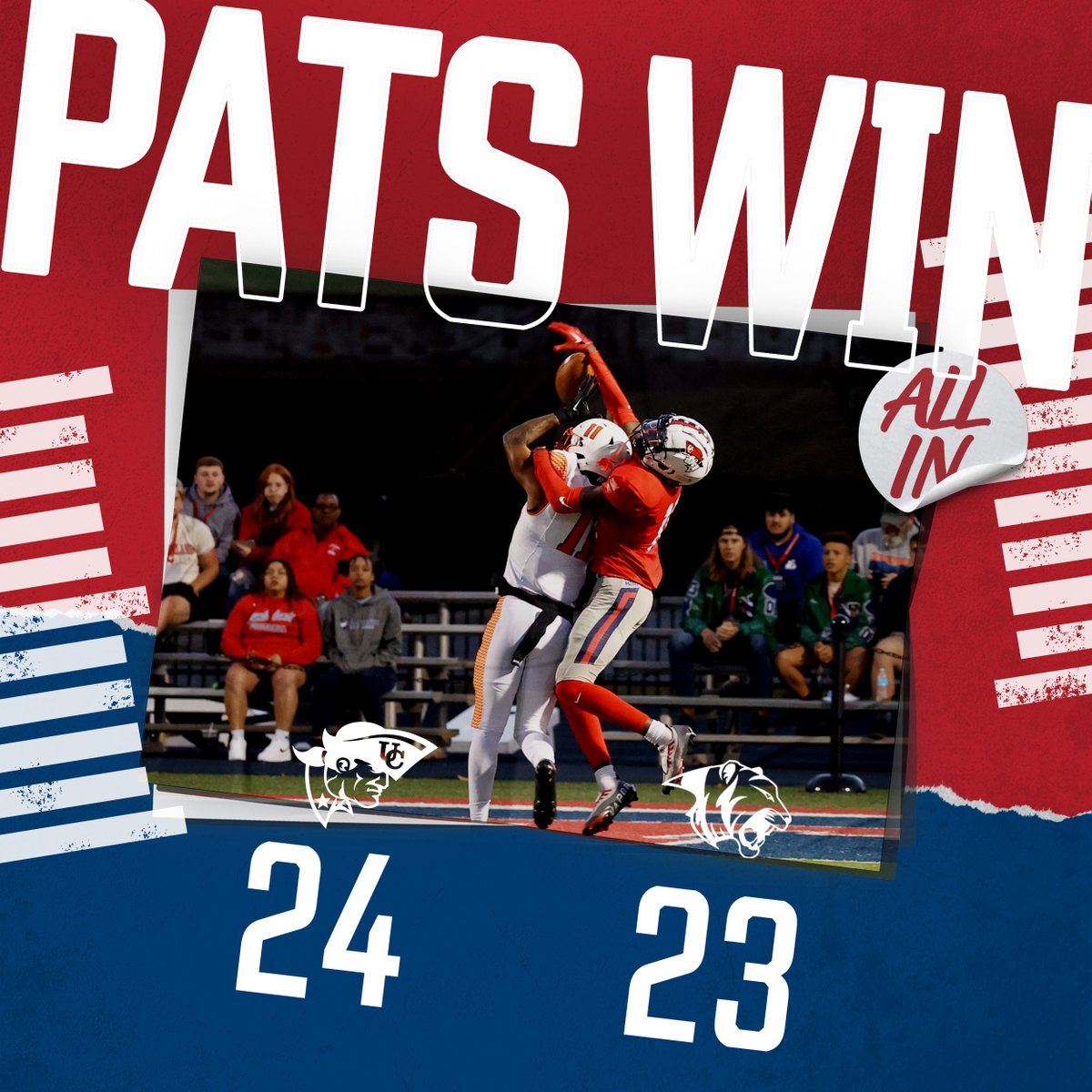 UCPatriotFball's tweet image. Down goes #11!  Patriots with a special teams &amp;amp; defensive touchdown to knock off Georgetown 24-23!  🔴⚪️🔵 #ALLIN #OneBigTeam