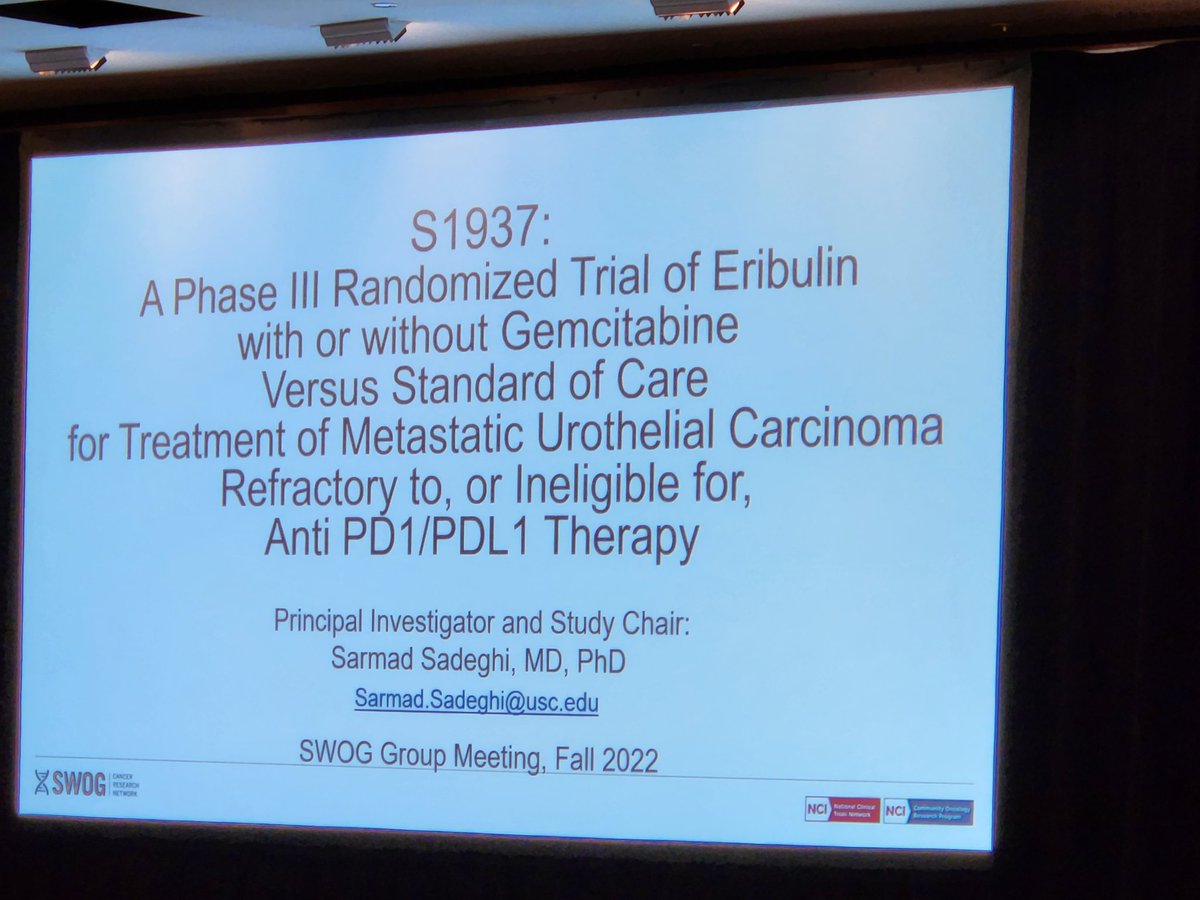 Sarmad Sadeghi presents on phase III S1937 trial at the fall @SWOG meeting. An important trial evaluating eribulin +/- gemcitabine as subsequent line therapy for metastatic urothelial carcioma. swog.org/clinical-trial…
