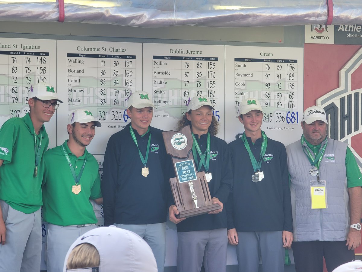 hs_mason's tweet photo. Congrats to Mason Boys Golf on their state runner-up finish! Nate Vonderhaar and AJ Wilhelm also tie for runner-up medalist. A great season comes to an end. Congrats to St. Ignatius on winning back-to-back state titles. @MHSsportsradio @mhschronicle https://t.co/wCdl1ngfut