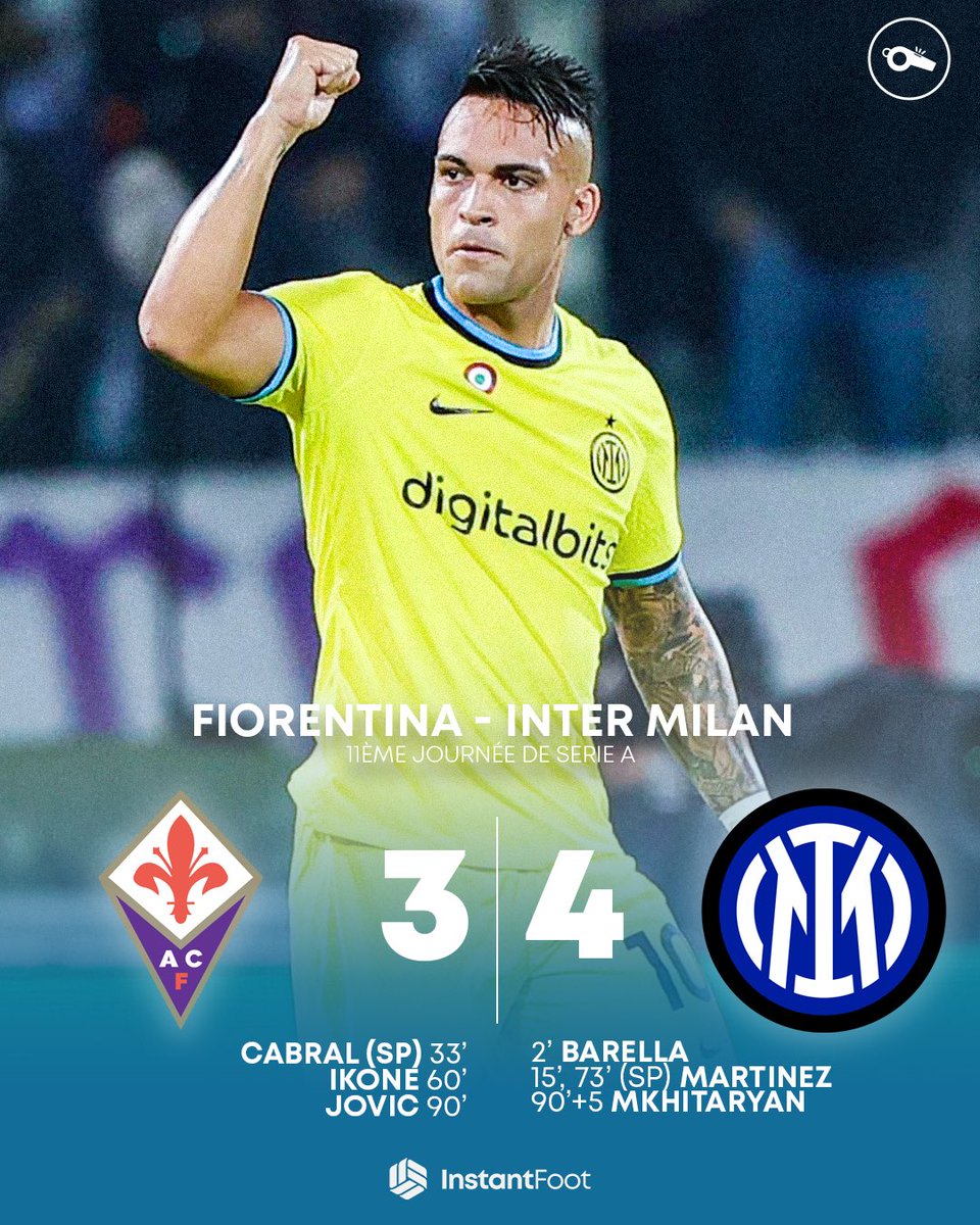 ⏱️ TERMINÉ ! INCROYABLE FIN DE MATCH À FLORENCE ! À la 95ème minute, l’Inter ARRACHE la victoire grâce à un but d’Henrikh Mkhitaryan ! 🇦🇲 #SerieA | #FiorentinaInter