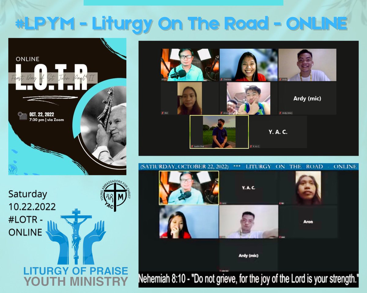 YACmomqpm's tweet photo. #LPYM's - L. O. T. R. (Liturgy On The Road - Online) via ZOOM online app. (Saturday, October 22, 2022) Live at our Facebook Fan Pages/ FB sub Group Pages and our YouTube Channels.
Bible Life Leader (BLL):
-Bro. Ardy Baet Guevara
YAC # 17
St. George Preca
#YAC #SVDyouth https://t.co/bOm8ocBQQz