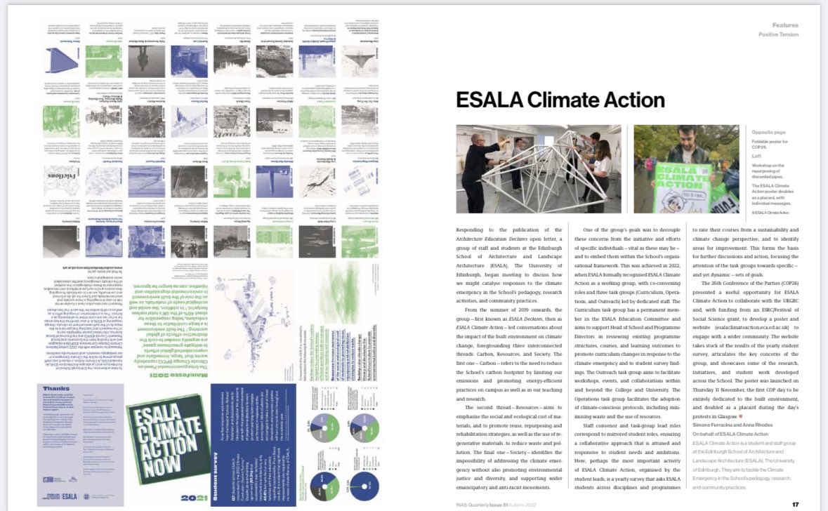 Check out the short article we wrote about ESALA Climate Action @ESALAdeclares for the new issue of RIAS Quarterly (Positive Tension) @RIASmembership, edited by the brilliant @_ism_magazine and @CrumbleMag media.rias.org.uk/files/2022/10/… cc: @ESALA_Edinburgh