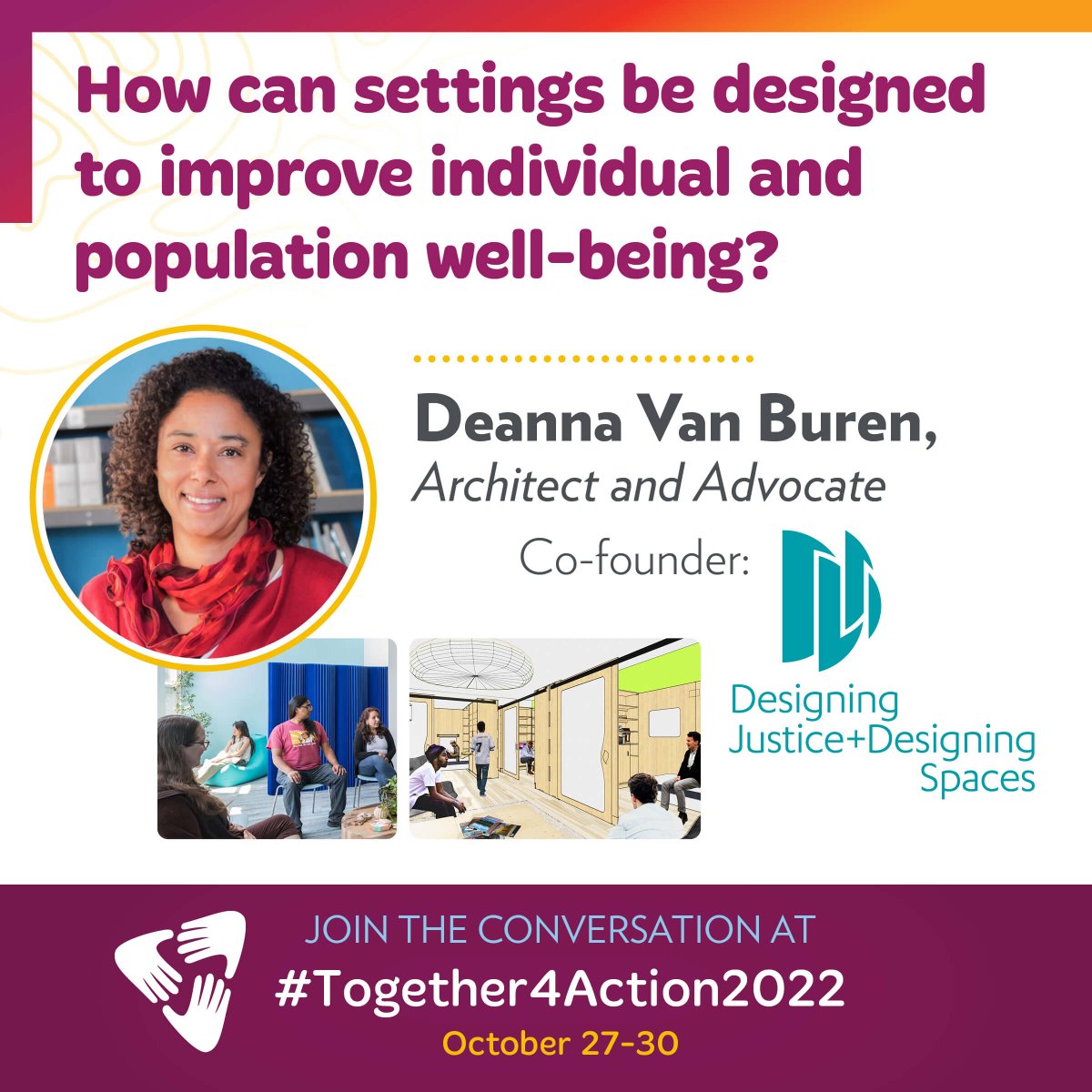 Join us at #Together4Action2022 for #programming on #behavioralhealth across the lifespan! Don't miss engaging #keynotes &amp; #sessions discussing #health &amp; #wellbeing from a #socialjustice perspective! Register today: bit.ly/3CGl4p8 
<a href="/deannavanburen/">Deanna Van Buren</a> <a href="/designtorestore/">Designing Justice</a>