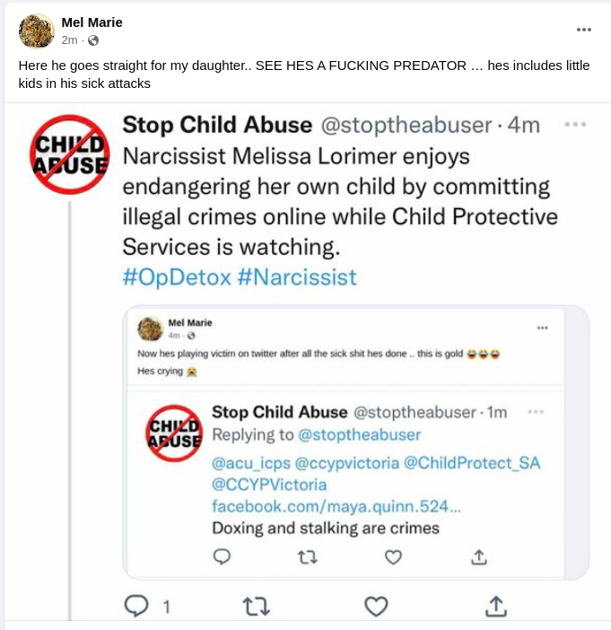 stoptheabuser's tweet photo. She doxes and stalks people. That's why we tagged CPS. We wanted to show her true nature. She is the predator not the victim and we have been collecting evidence for years. #OpDetox https://t.co/AHvclo5RRq