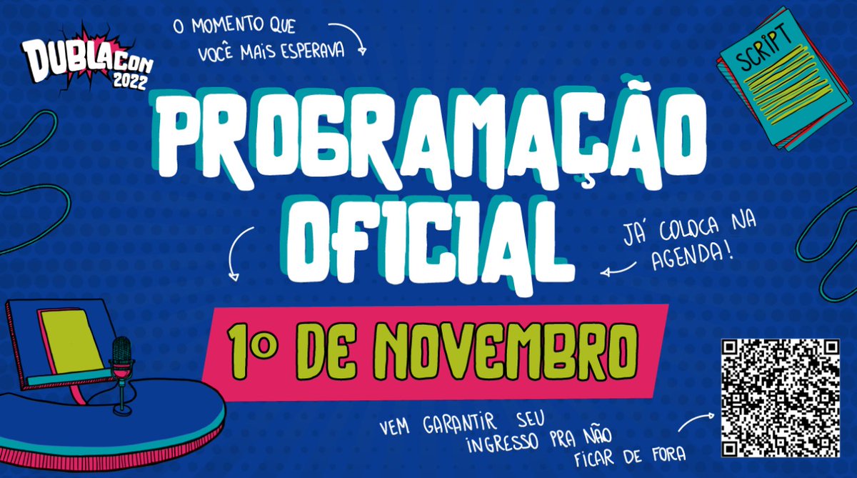 DublaConOficial's tweet photo. 🗓️🔔 Marquem na agenda, ativem as notificações, que a partir do dia 1º de novembro vamos lançar a programação oficial da #DublaCon22! 🥳 Quem aí tá ansioso?! Por aqui estamos super! 🤩 E pra quem ainda não adquiriu ingresso para a #DublaCon2022, só correr no link da bio! #DBC22 https://t.co/tW42fORTol