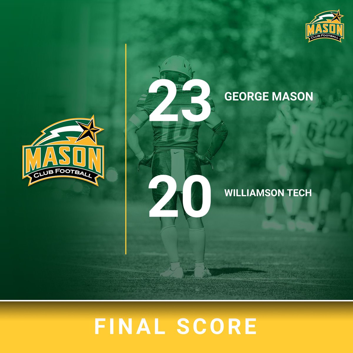GMUClubFootball's tweet photo. Huge win against Williamson Tech! Your Patriots are now 3-1! 🔰🏈🔰 https://t.co/SA946Aa32i