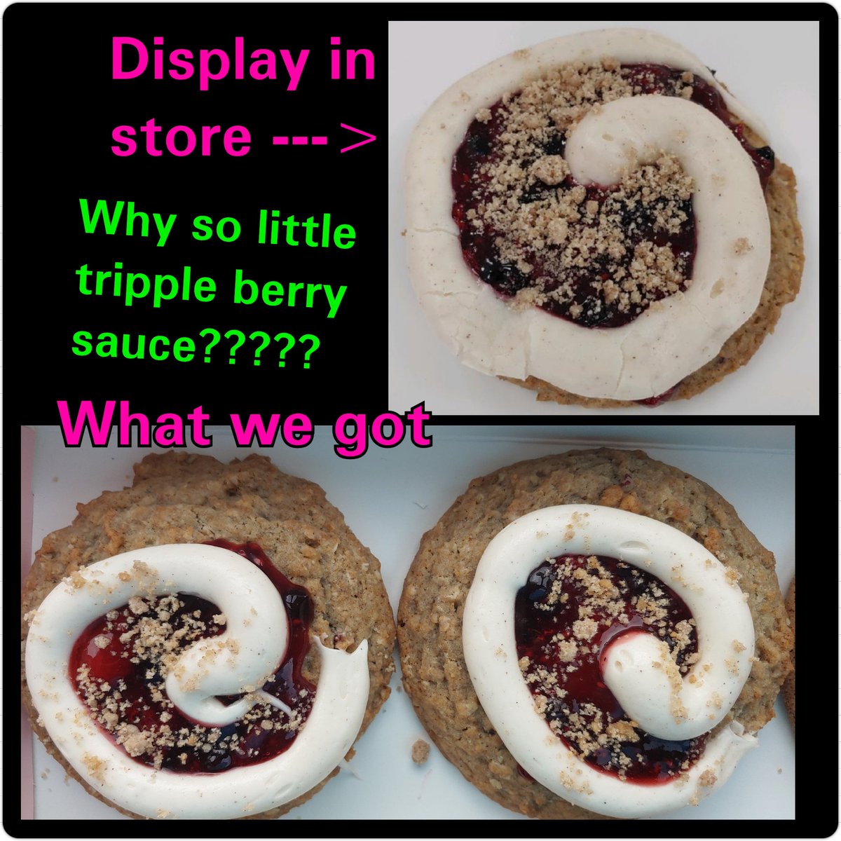 geminisix82's tweet photo. @CrumblCookies Please don't start skimpimg with the toppings just because you're popular now! Tripple Berry Sauce??? Frosting??? #raggity #crumblcookies https://t.co/p17LfHqHQ0