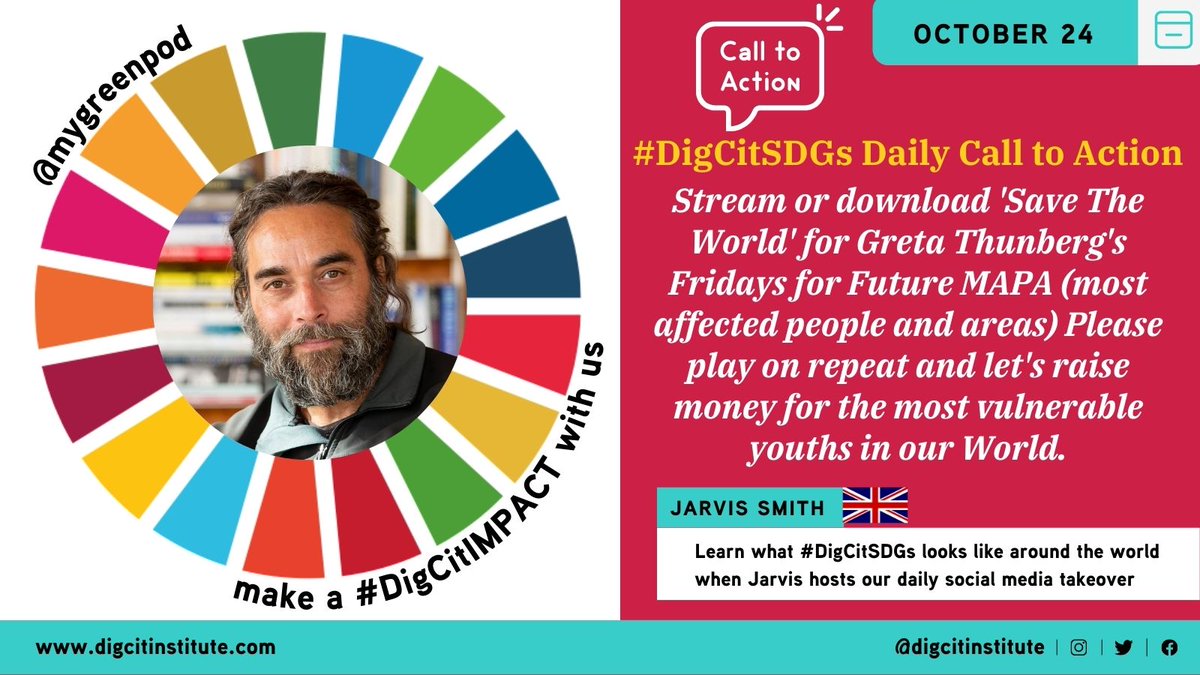 Stream or download #SaveTheWorld today for @GretaThunberg's #FridaysForFuture MAPA today! Get involved with our #DigCitSDGs month of action as @ThePhoenixRose challenges us to get involved! Use this link to connect to your fav music platform: artists.landr.com/692531593214 🎶🌀🌏