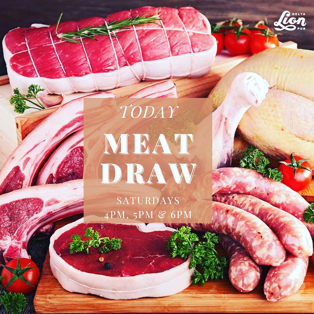 DeltaLionPub's tweet photo. It's MEAT DRAW Saturday at the DLP!
We're giving away meat at 4pm, 5pm &amp; 6pm!🥩🍗🍖✨

All the proceeds go to Pinewood Elementary School PAC! 
Come down to @thedeltalionpub and support!
#DeltaLionPub #MeatDraw #Raffle #MeatLovers #ExperienceDelta #WeLoveDelta #SupportLocal #DLP https://t.co/Zf8gn1tyBI