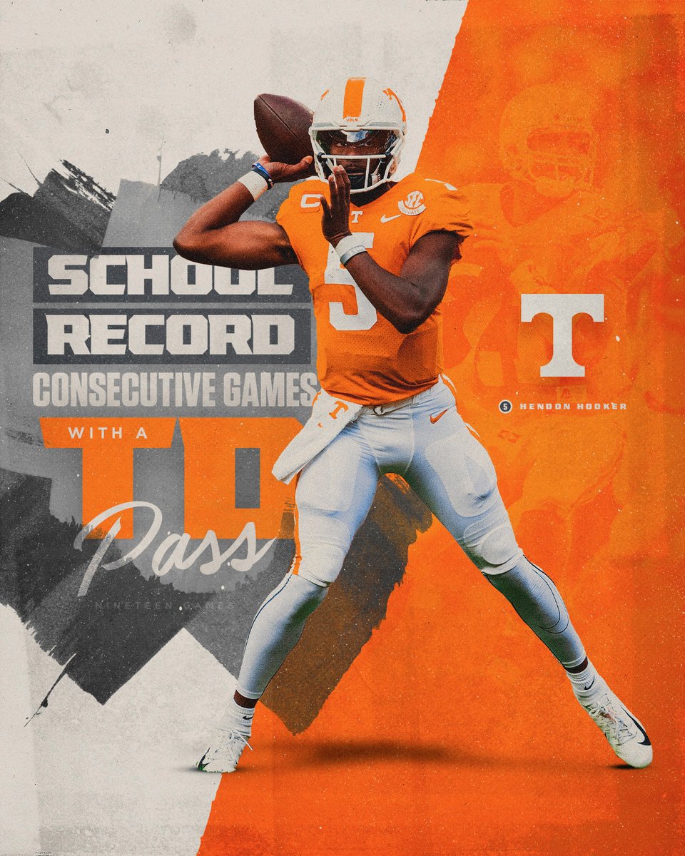 Tennessee Football (@vol_football) on Twitter photo RECORD BOOKS.
<a href="/henhook2/">Hendon Hooker</a> has now thrown a TD pass in 19 consecutive games — a new program record RECORD BOOKS.
<a href="/henhook2/">Hendon Hooker</a> has now thrown a TD pass in 19 consecutive games — a new program record