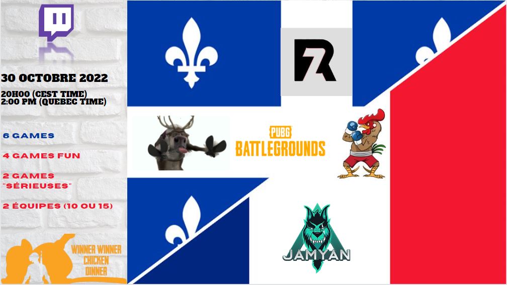Et oui on travaille......mon ami @ROYZz18466863 et moi même vous invitons à un event <a href="/PUBG_FR/">PUBG: BATTLEGROUNDS France 🇫🇷</a>  le 30 Octobre des 20h30, France vs Québec.  2 équipes de 10 ou 15 joueurs dans la joie et la bonne humeur avant tout.