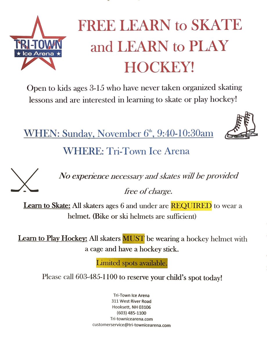TriTownIceArena's tweet image. Interested in Trying out a Learn To Skate Or Learn To Play Class… November 6th!!!