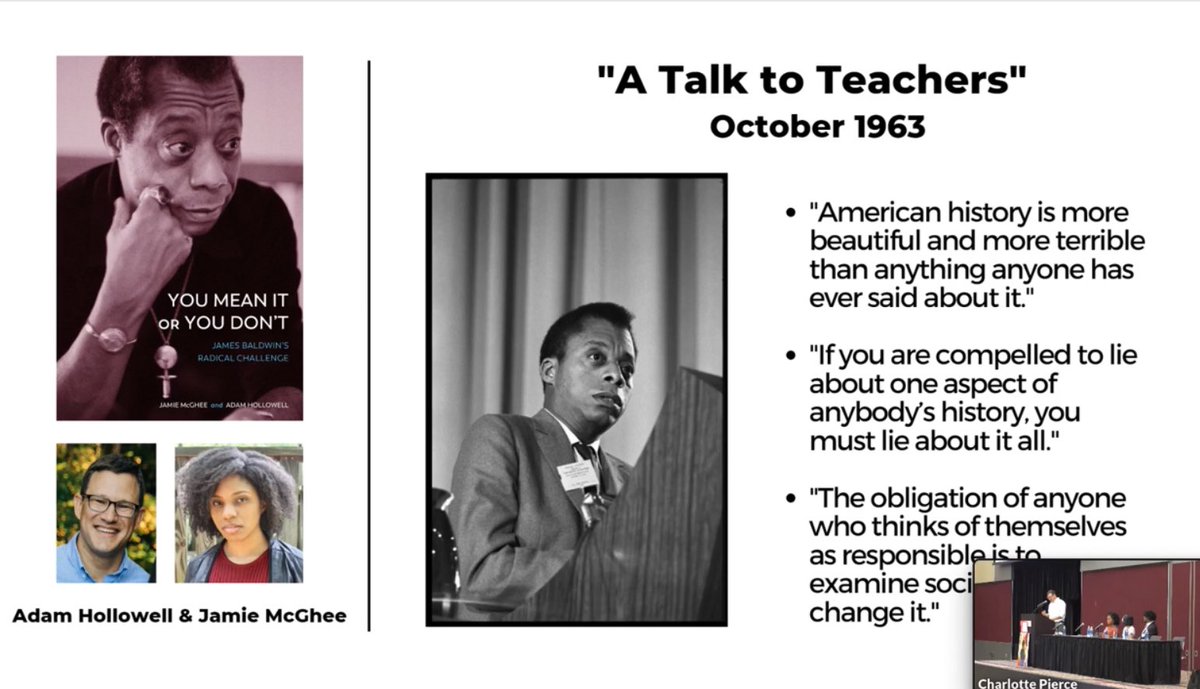 sbkellogg's tweet photo. Learning from @aehollowell, Xavier Adams and students on what James Baldwin’s vision for education means today.

“We have to be even more innovative in order to overcome the legacy we have inherited.” - Xavier Adams, NC BTOY, on our history of inequality in ed. #colorofeducation https://t.co/aLSP4U8v4m